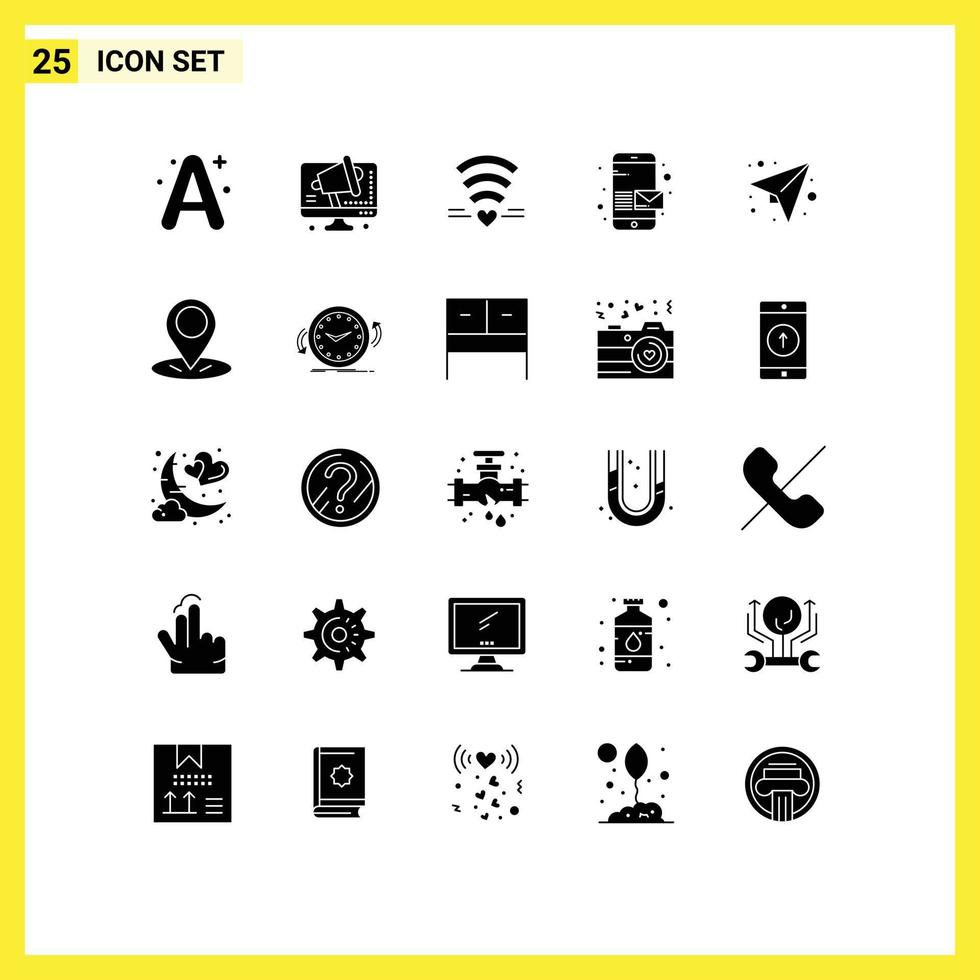 Pack von 25 kreativ solide Glyphen von Papier senden W-lan Telefon Email editierbar Vektor Design Elemente