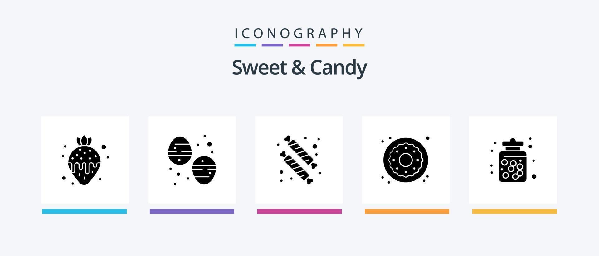 ljuv och godis glyf 5 ikon packa Inklusive godis burk. sötsaker. godis. mat. efterrätt. kreativ ikoner design vektor