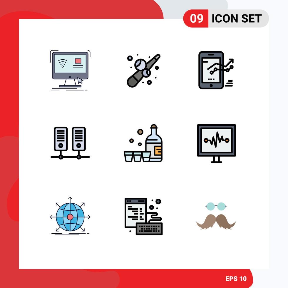 9 Universal- gefüllte Linie eben Farbe Zeichen Symbole von trinken Daten abspielen Center Fortschritt editierbar Vektor Design Elemente