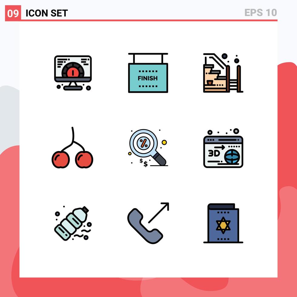9 fylld linje platt Färg begrepp för webbplatser mobil och appar finansiera mat Hem körsbär fast egendom redigerbar vektor design element
