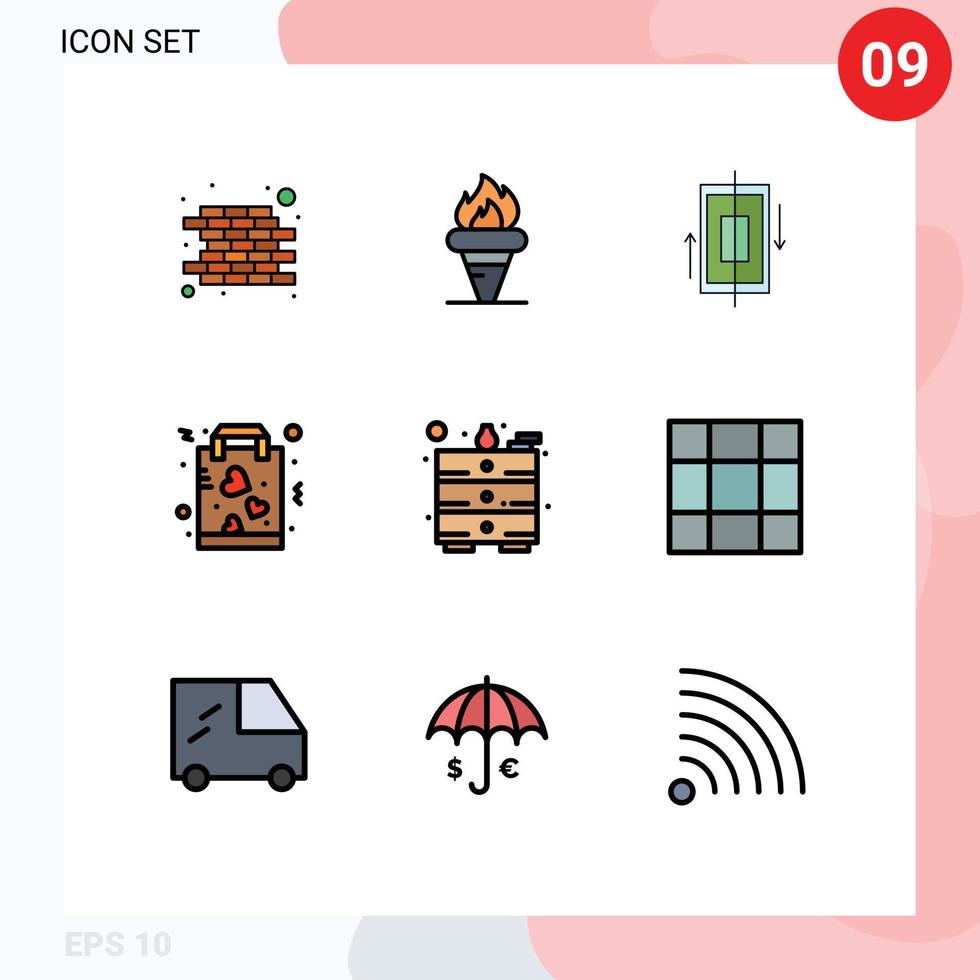 Universal- Symbol Symbole Gruppe von 9 modern gefüllte Linie eben Farben von Einkaufen Liebe synchronisieren Liebling Smartphone editierbar Vektor Design Elemente