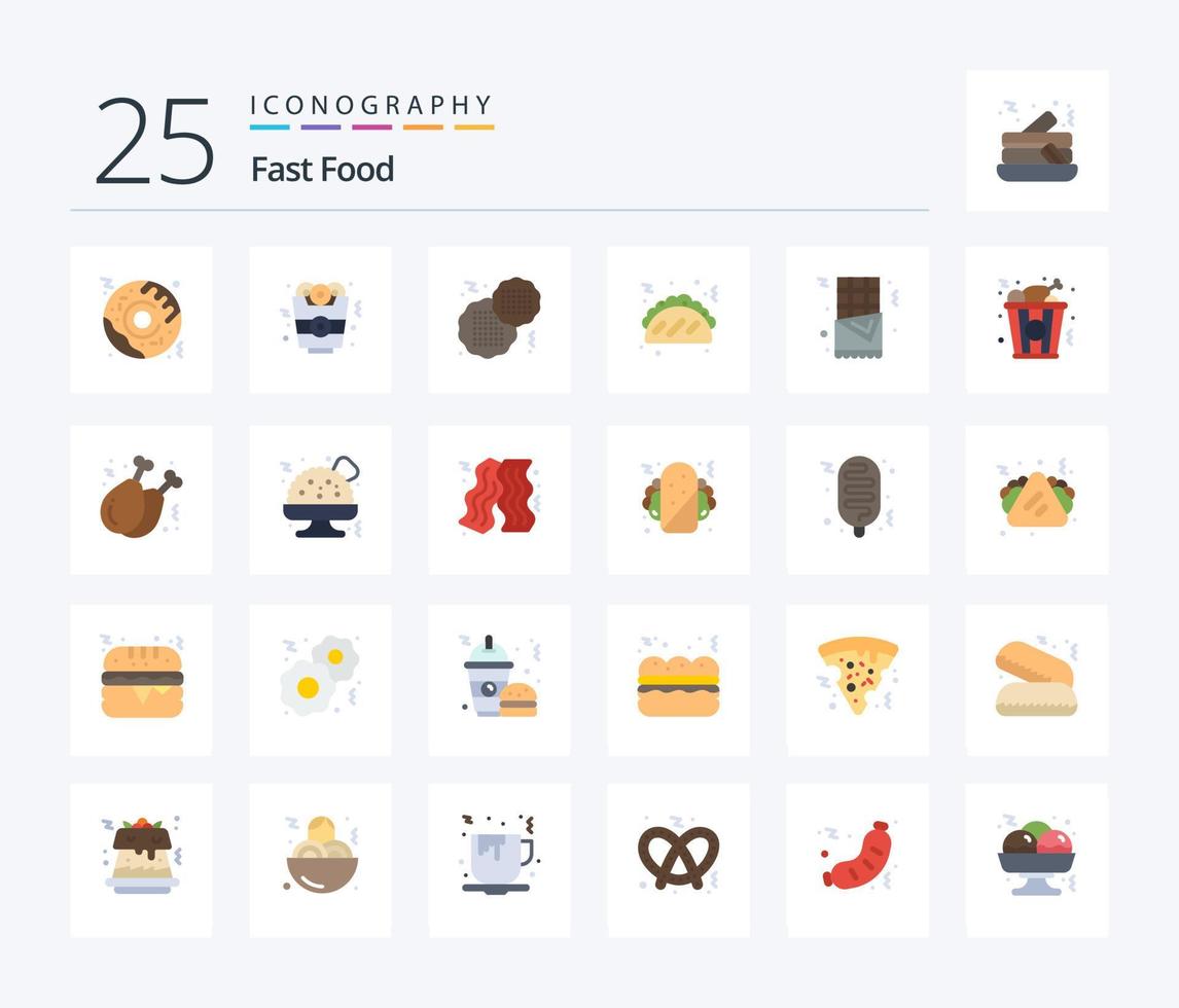 snabb mat 25 platt Färg ikon packa Inklusive kyckling. snabb mat. snabb. mat. churro vektor