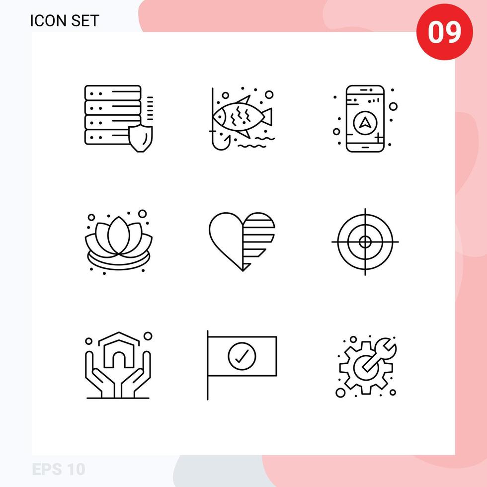 mobil gränssnitt översikt uppsättning av 9 piktogram av tycka om hjärta gps lotus dekorationer redigerbar vektor design element