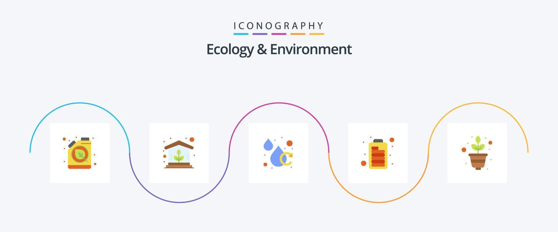 ekologi och miljö platt 5 ikon packa Inklusive växt. optimering. aqua. motor. batteri vektor