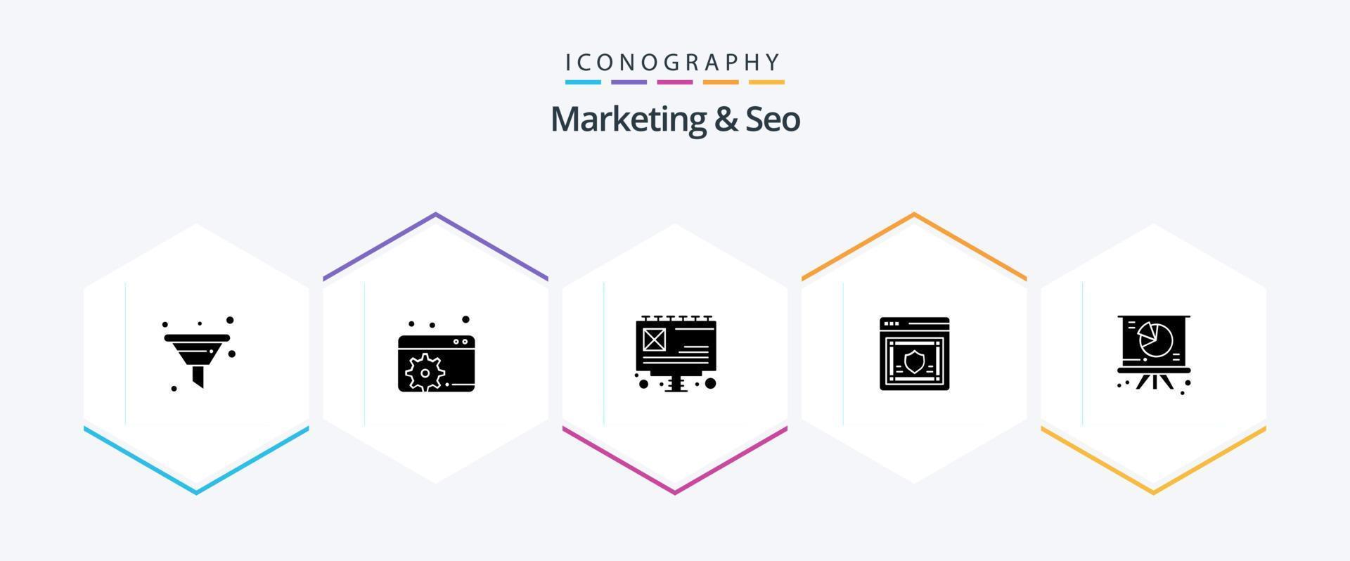 Marketing und SEO 25 Glyphe Symbol Pack einschließlich Kuchen. Diagramm. Werbung. Schild. Schutz vektor