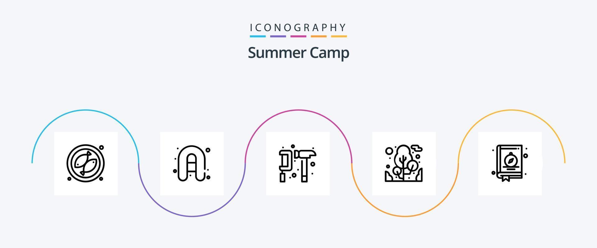 sommar läger linje 5 ikon packa Inklusive camping. bok. ingenjör. kompass. träd vektor