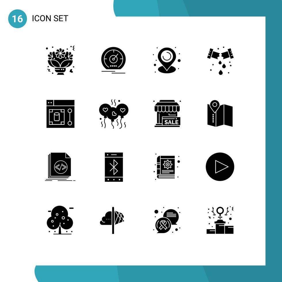 uppsättning av 16 vektor fast glyfer på rutnät för webb rörmokare hastighet mekanisk kommunikation redigerbar vektor design element