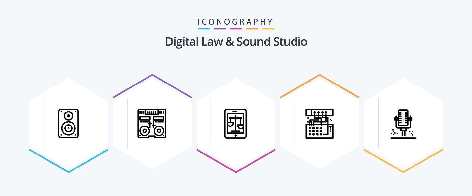Digital Gesetz und Klang Studio 25 Linie Symbol Pack einschließlich Gerät. analog. Rührgerät. online. Gesetz vektor