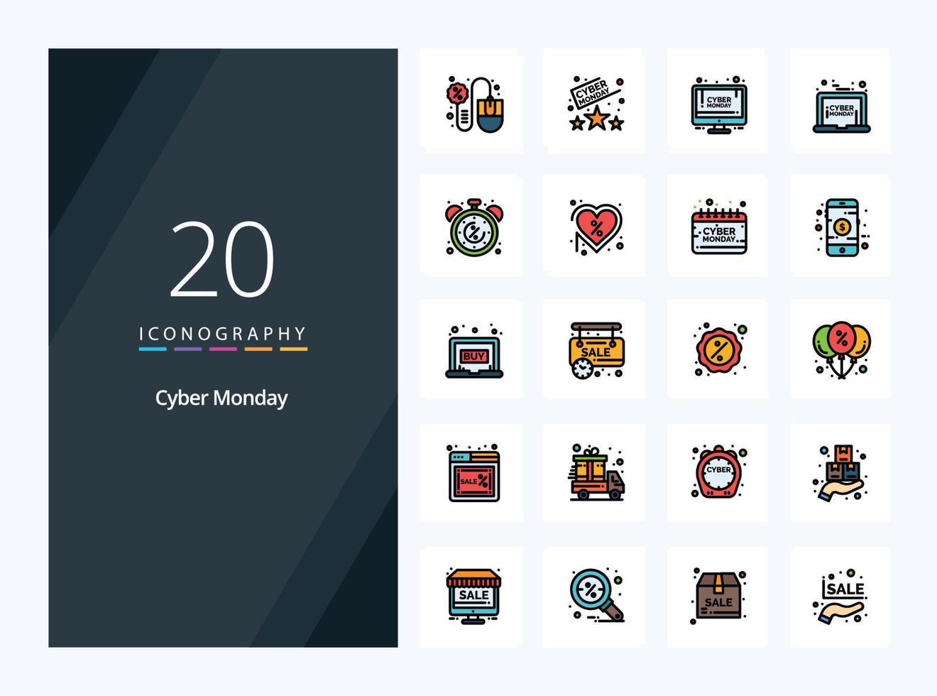 20 Cyber Montag Linie gefüllt Symbol zum Präsentation vektor