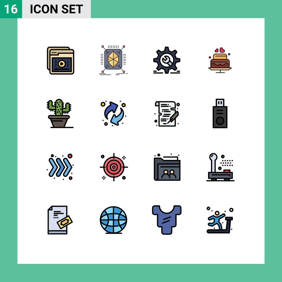 16 universell platt Färg fylld rader uppsättning för webb och mobil tillämpningar hjärta kaka snabb konfiguration hjul redigerbar kreativ vektor design element
