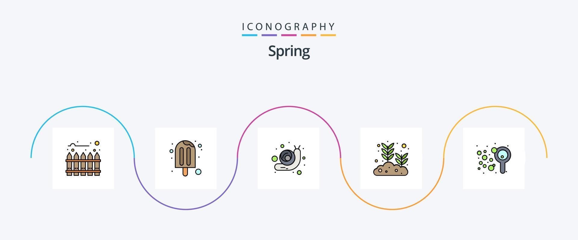 Frühling Linie gefüllt eben 5 Symbol Pack einschließlich Kinder. Schlag. Tier. wachsend Samen. Blatt vektor