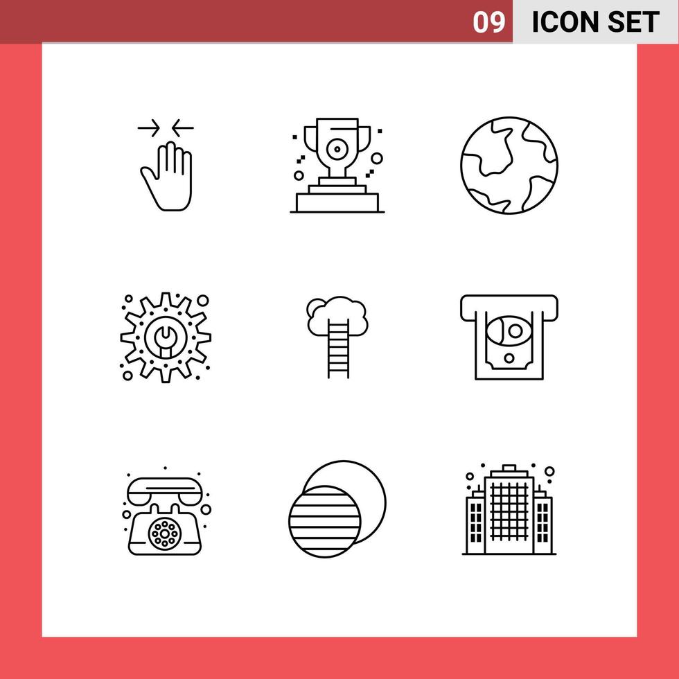 piktogram uppsättning av 9 enkel konturer av företag underhåll jord redskap upptäckt redigerbar vektor design element