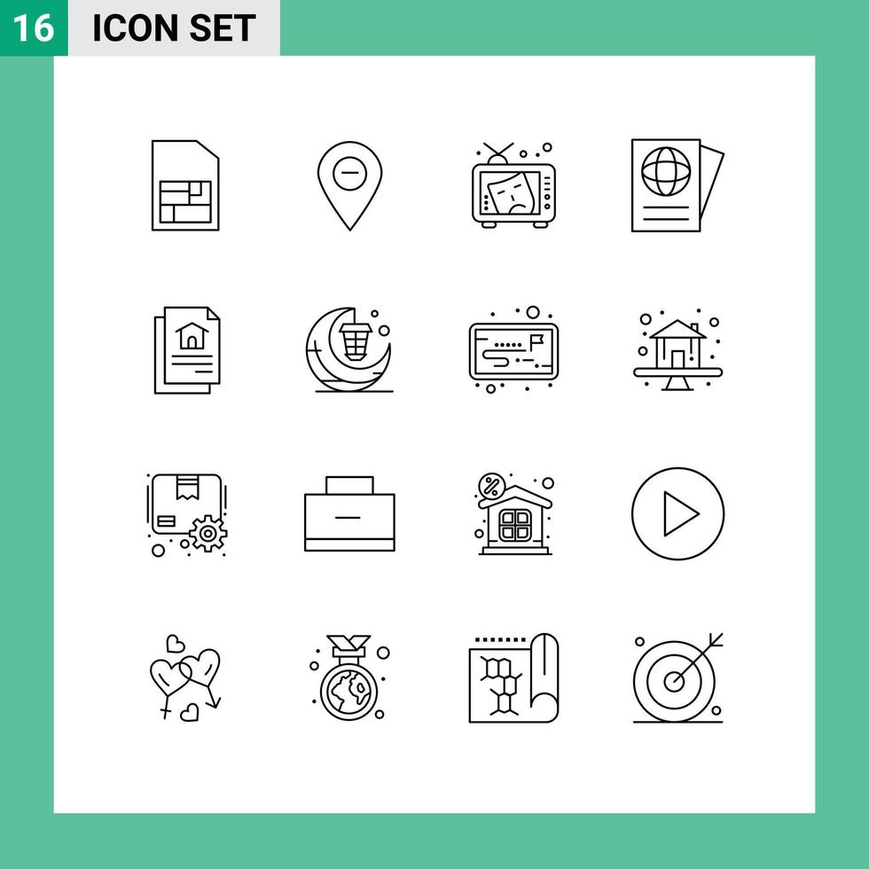 modern uppsättning av 16 konturer pictograph av dokumentera resa TV pass måla redigerbar vektor design element