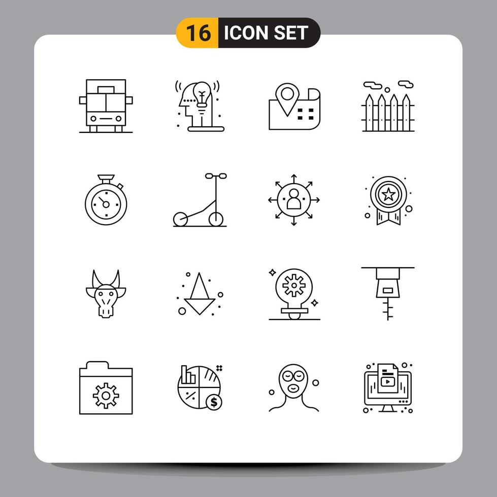 grupp av 16 konturer tecken och symboler för sport hotell navigering tid kompass redigerbar vektor design element