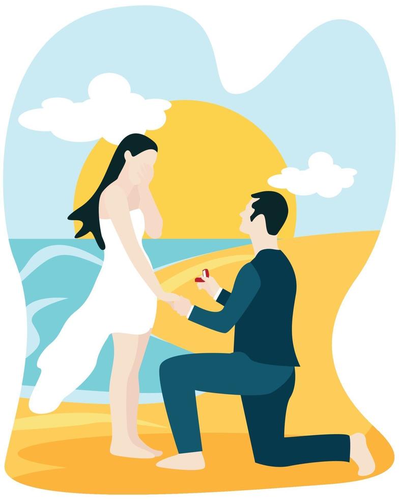 Willst du mich Konzept heiraten, asiatischer Mann auf den Knien bittet seine Freundin, am Strand zu heiraten. vektor