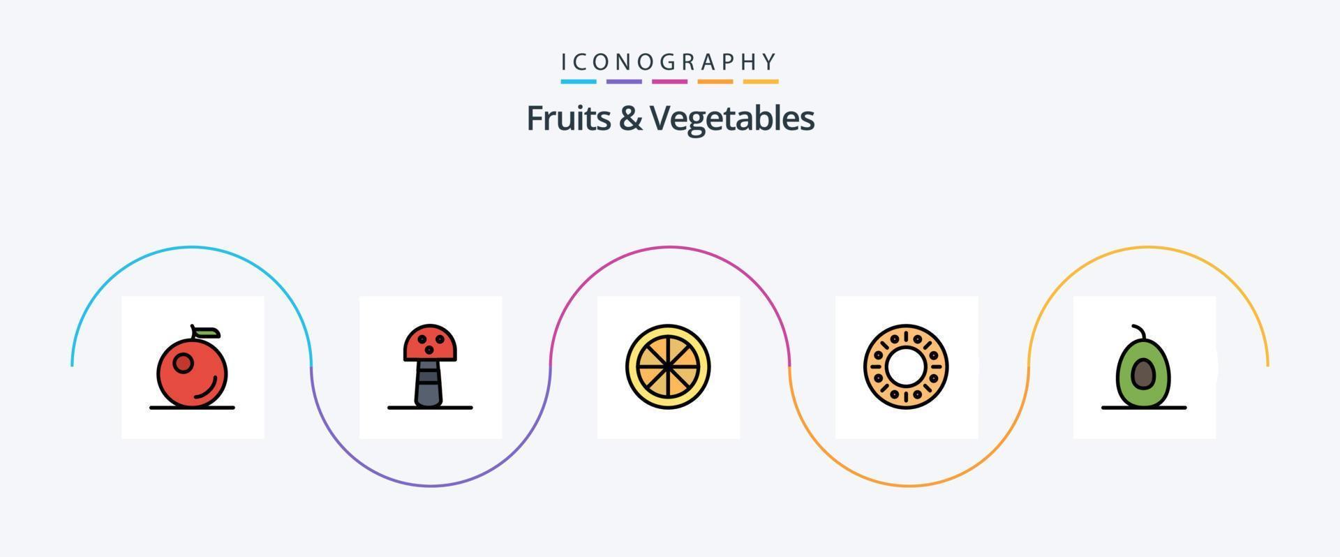 frukt och grönsaker linje fylld platt 5 ikon packa Inklusive . grönsak. frukter. avokado vektor