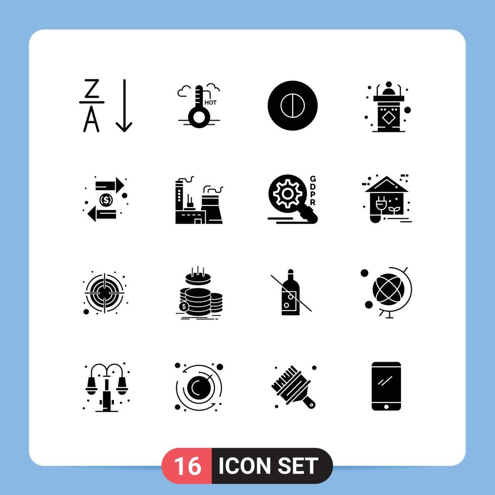 solide Glyphe Pack von 16 Universal- Symbole von Austausch Münze Überzeugungen Rede Tribüne editierbar Vektor Design Elemente