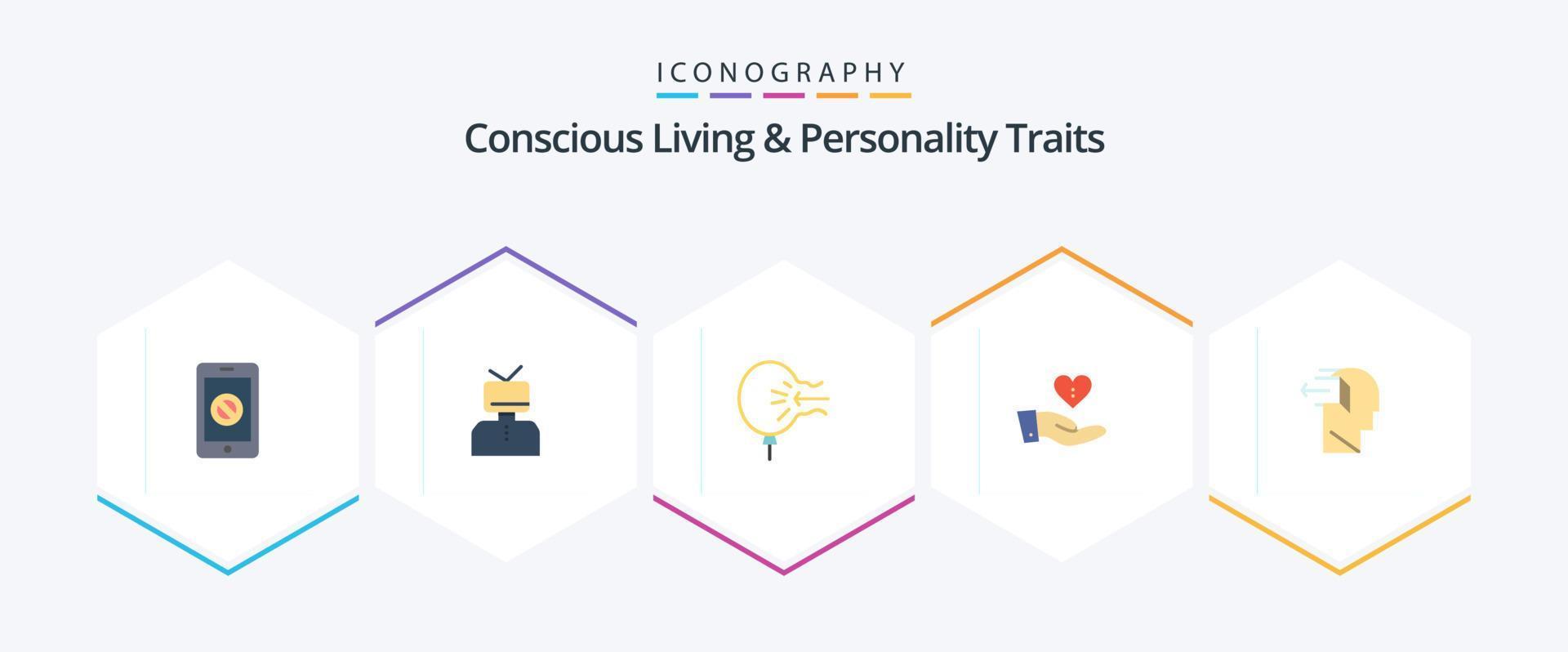 medveten levande och personlighet egenskaper 25 platt ikon packa Inklusive ger. välgörenhet. Lycklig. påfrestning. blåsa vektor