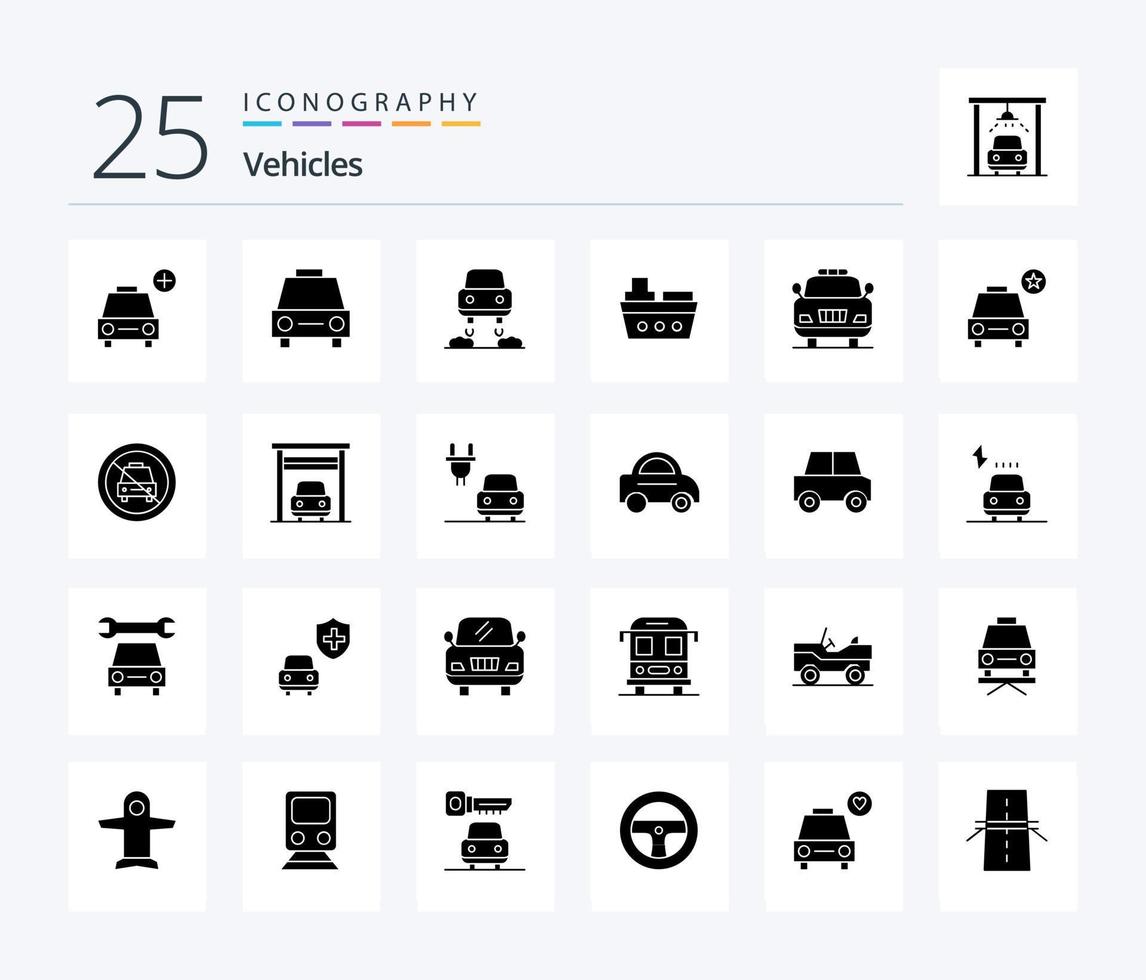 Fahrzeuge 25 solide Glyphe Symbol Pack einschließlich Notfall. Fahrzeuge. Fahrzeuge. Meer. Boot vektor