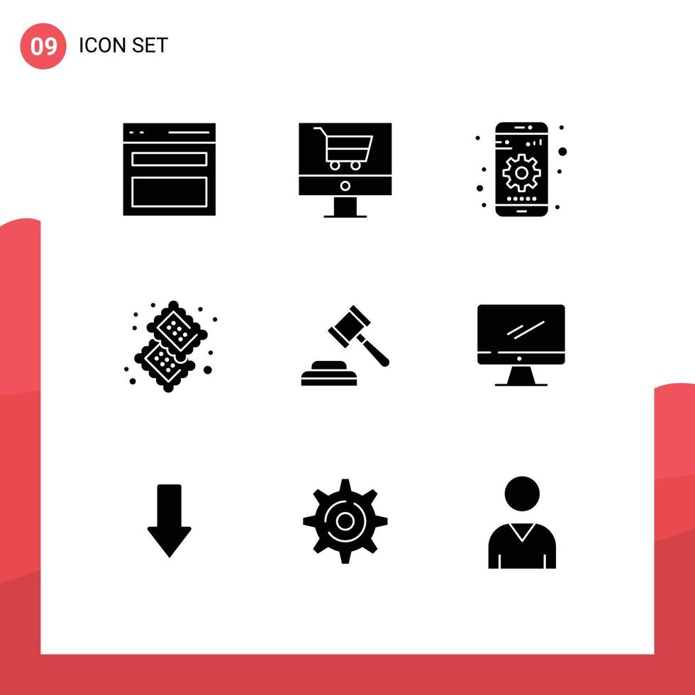 piktogram uppsättning av 9 enkel fast glyfer av auktion mat redskap efterrätt godis redigerbar vektor design element