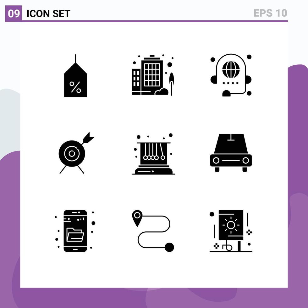 9 fast glyf begrepp för webbplatser mobil och appar fysik rörelse kommunikation mål mål redigerbar vektor design element