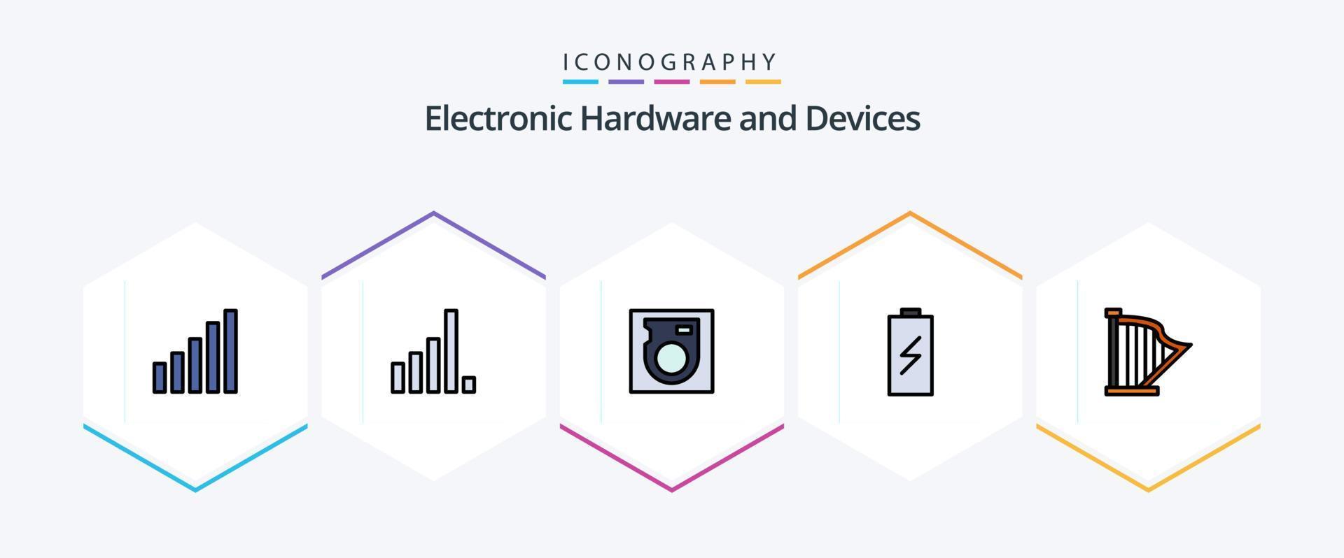 enheter 25 fylld linje ikon packa Inklusive . ljud. laddning. musik. harpa vektor