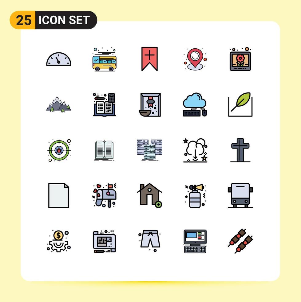 Universal- Symbol Symbole Gruppe von 25 modern gefüllt Linie eben Farben von Bilder Bild Etikett Kommunikation Ort editierbar Vektor Design Elemente
