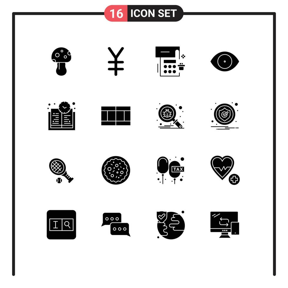 16 Benutzer Schnittstelle solide Glyphe Pack von modern Zeichen und Symbole von Lernen Zeit Buch Zeit Datum Vision Gesicht editierbar Vektor Design Elemente