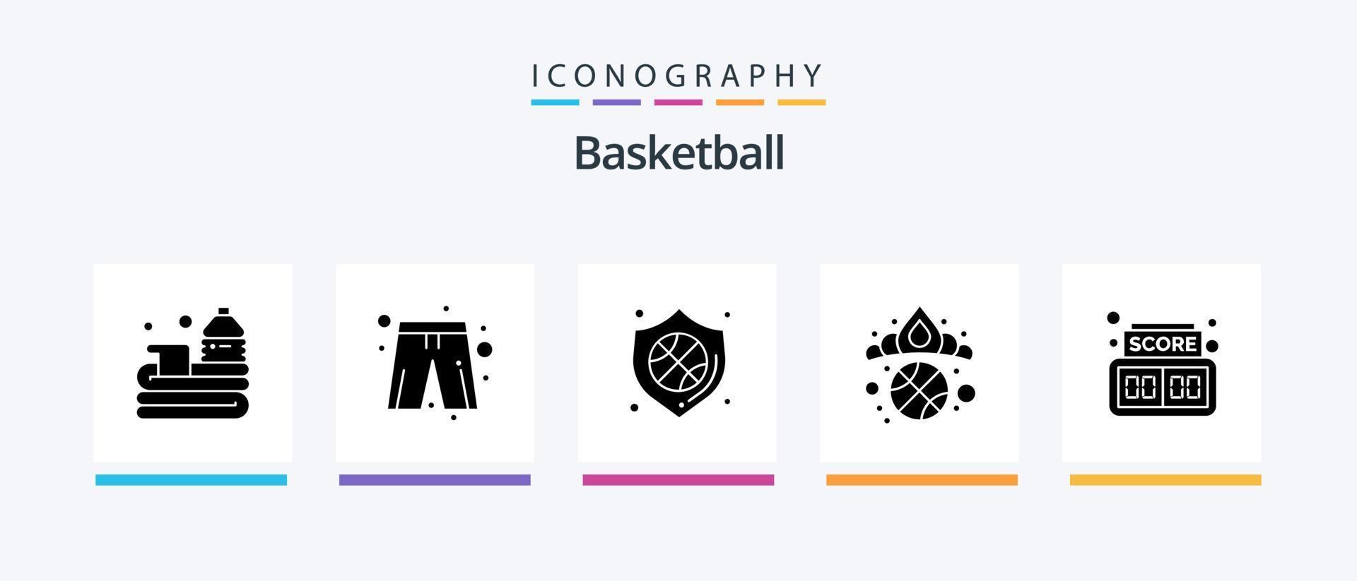 basketboll glyf 5 ikon packa Inklusive styrelse. kung. spelare klänning. diadem. bricka. kreativ ikoner design vektor