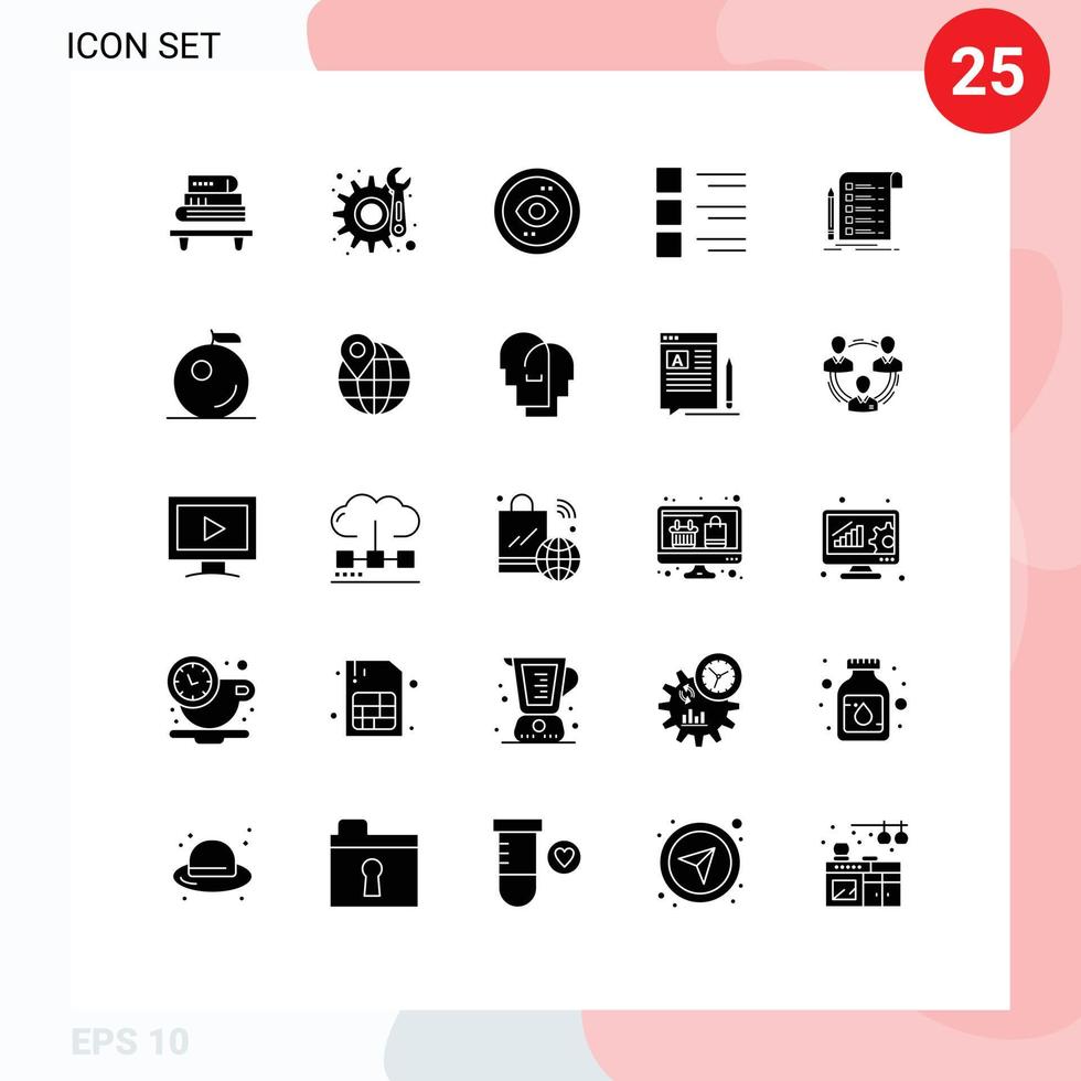 modern uppsättning av 25 fast glyfer och symboler sådan som fil meny öga lista checklista redigerbar vektor design element