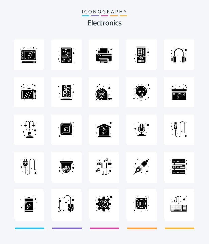 kreativ elektronik 25 glyf fast svart ikon packa sådan som tv. headset. skrivare. hörlurar. TV vektor