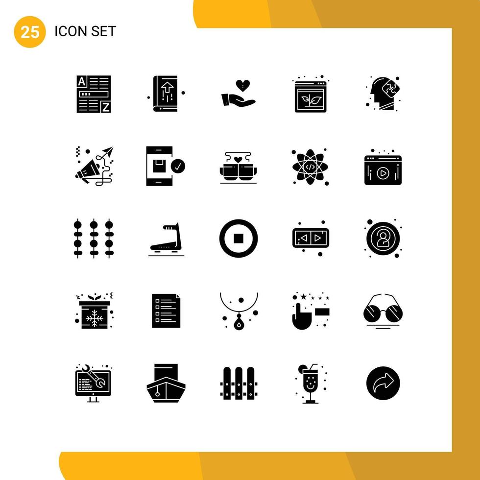 einstellen von 25 Vektor solide Glyphen auf Gitter zum erhöhen, ansteigen Browser Notizbuch Pfeil Hand editierbar Vektor Design Elemente
