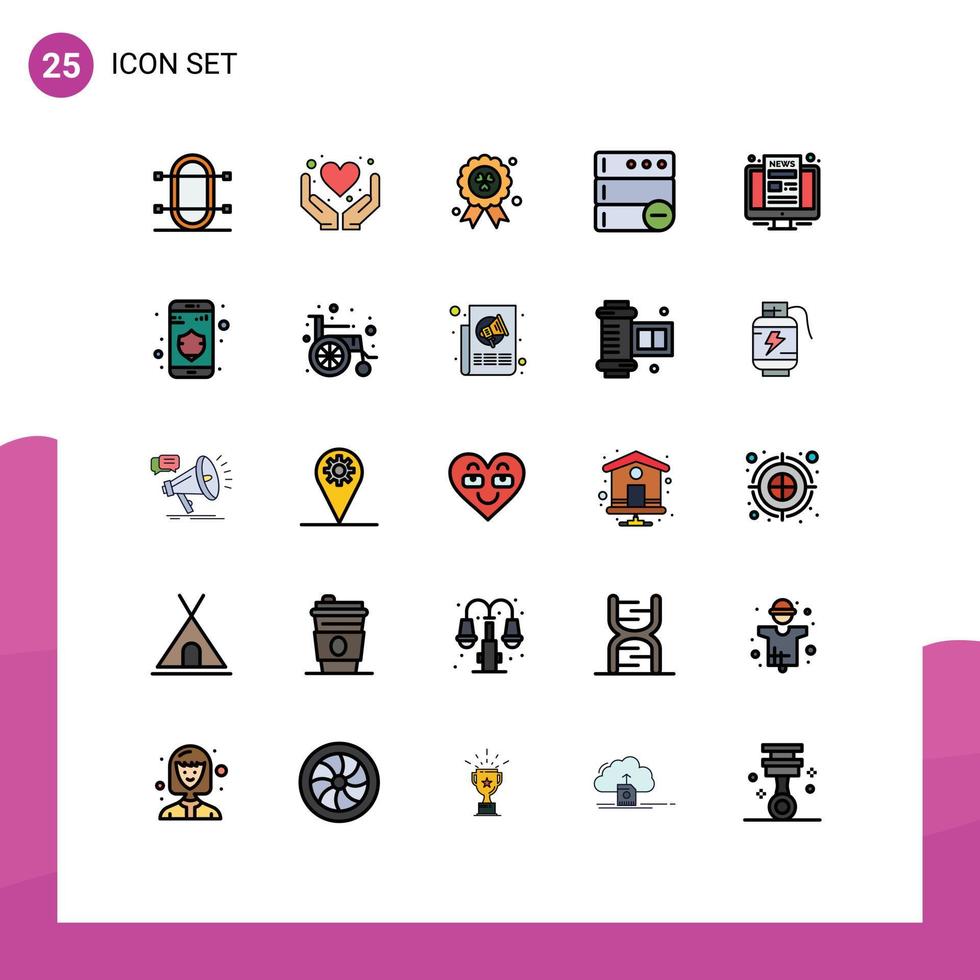 grupp av 25 fylld linje platt färger tecken och symboler för Nyheter dator hälsa vård server databas redigerbar vektor design element