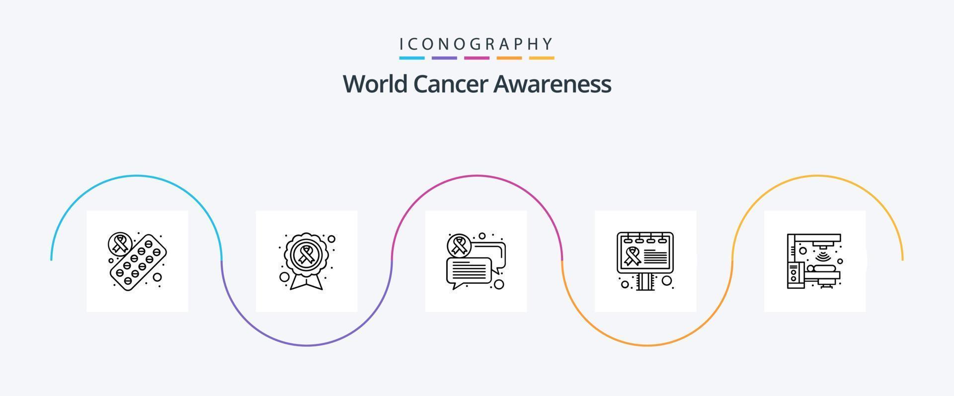 Welt Krebs Bewusstsein Linie 5 Symbol Pack einschließlich Strahlung. Maschine. Plaudern. unterzeichnen. Plakatwand vektor