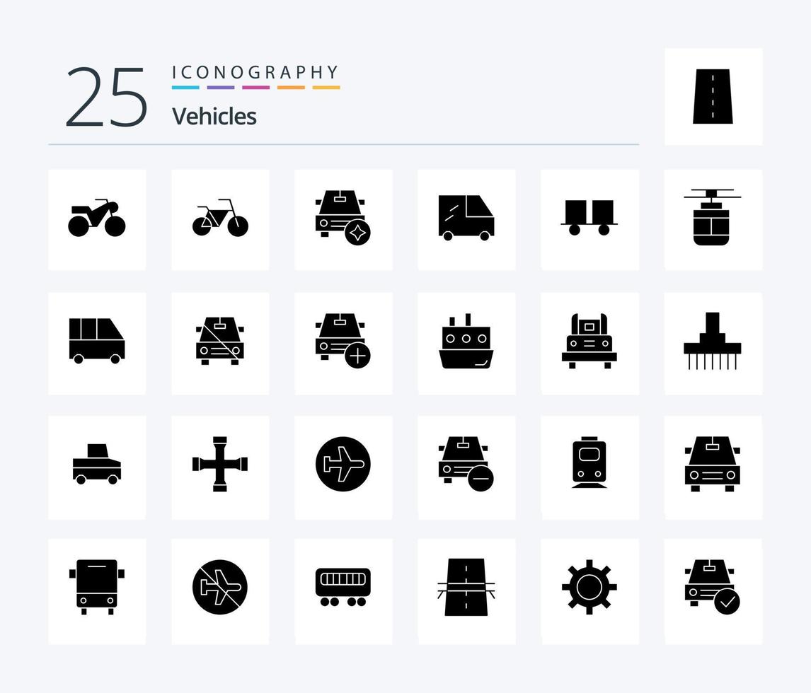 Fahrzeuge 25 solide Glyphe Symbol Pack einschließlich Straßenbahn. Luft. Lieferwagen. Aufzug LKW. Gabelstapler vektor