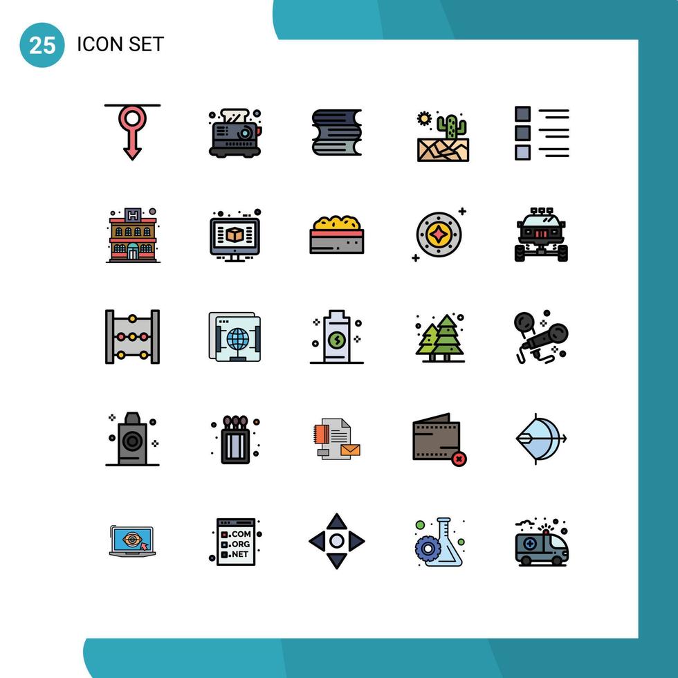 25 universell fylld linje platt färger uppsättning för webb och mobil tillämpningar lista checklista brödrost väder kaktus redigerbar vektor design element