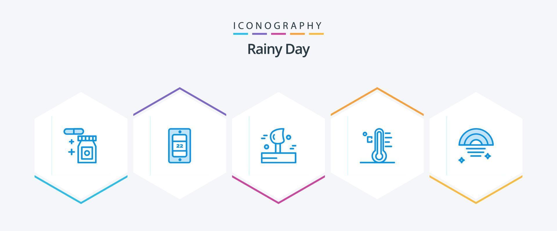 regnerisch 25 Blau Symbol Pack einschließlich Himmel. Regenbogen. Wind. Temperatur. regnerisch vektor