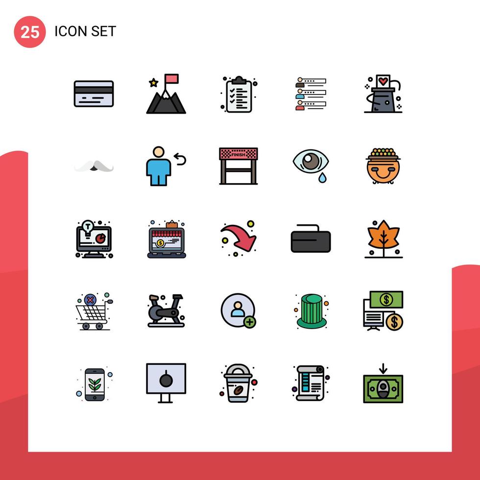 grupp av 25 modern fylld linje platt färger uppsättning för kort statistik lista inställningar människor redigerbar vektor design element