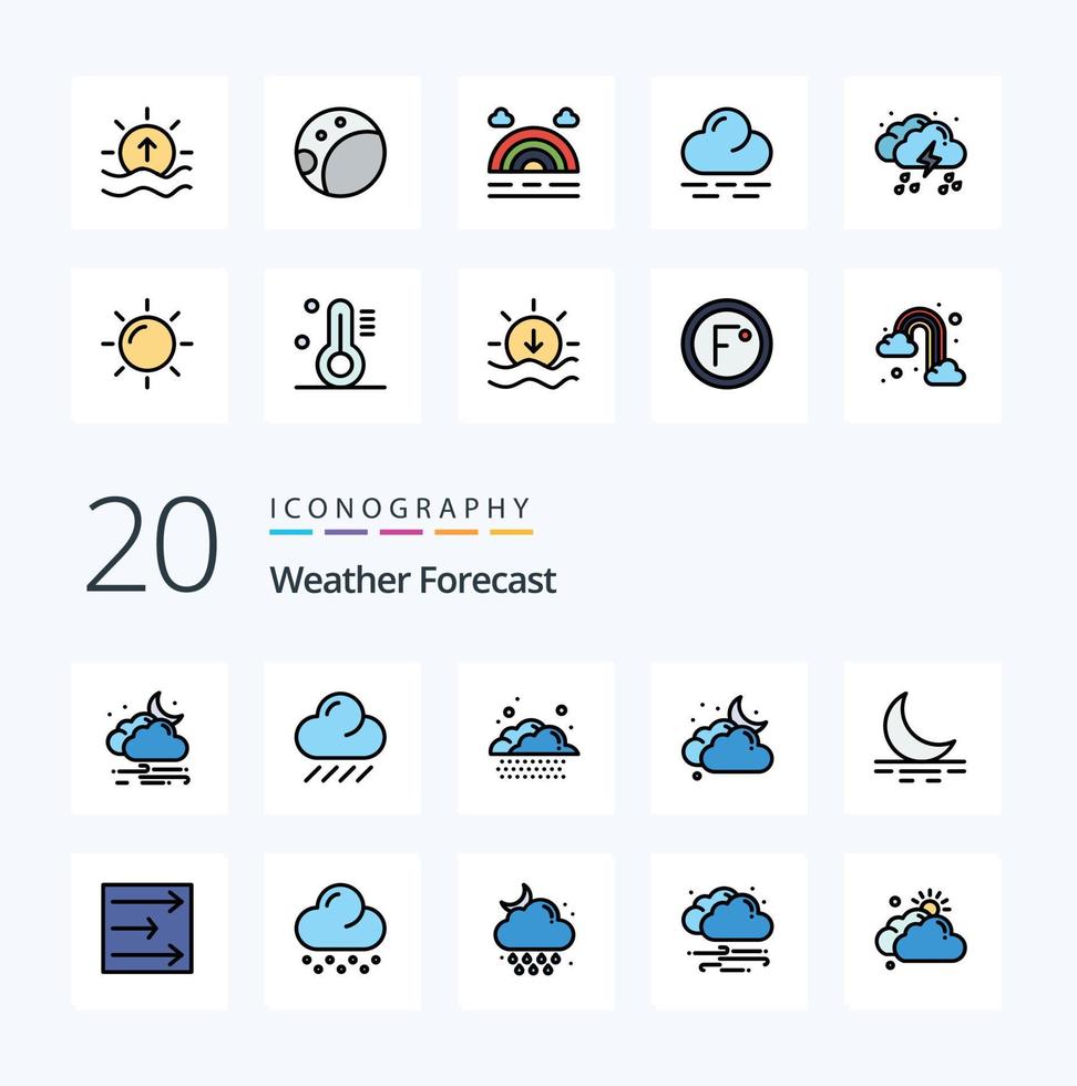 20 väder linje fylld Färg ikon packa tycka om vind pil moln väder dimma vektor