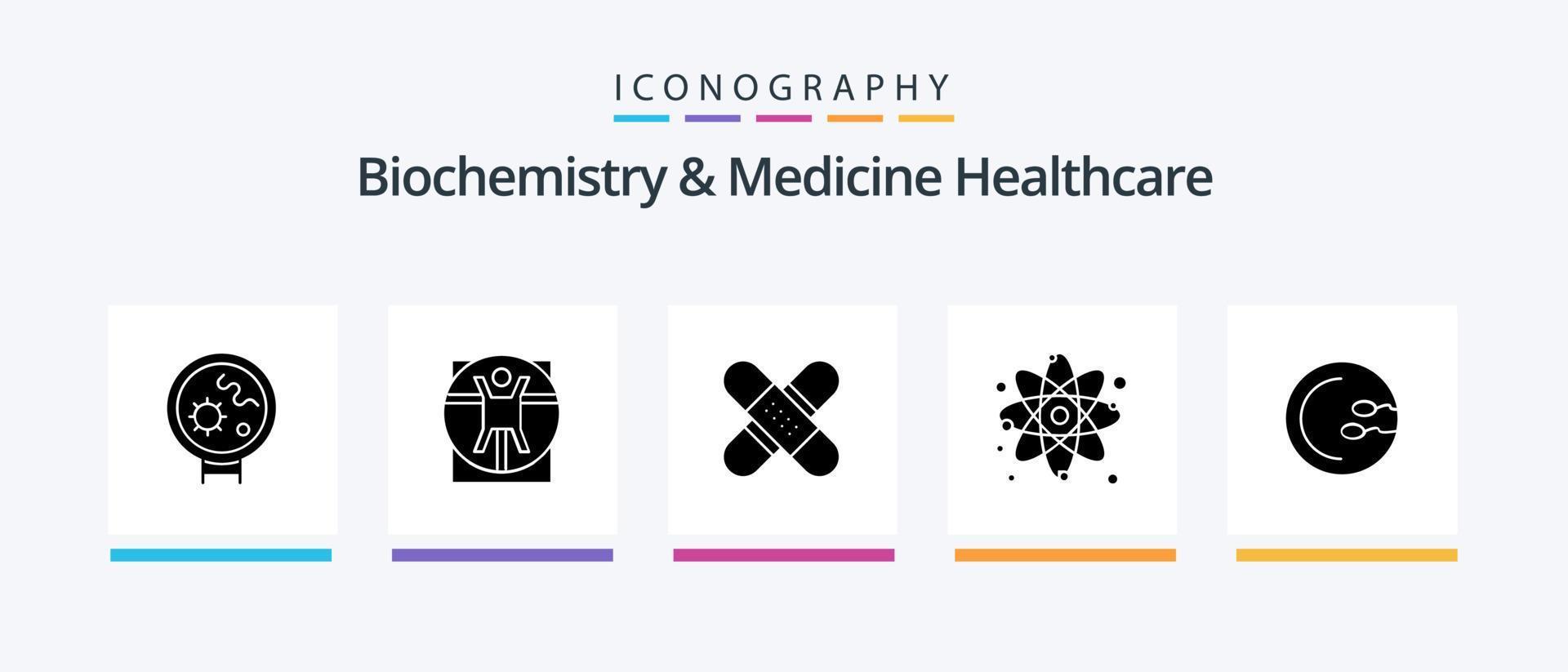 Biochemie und Medizin Gesundheitswesen Glyphe 5 Symbol Pack einschließlich Physik. Partikel. Hilfe. Atom. medizinisch. kreativ Symbole Design vektor