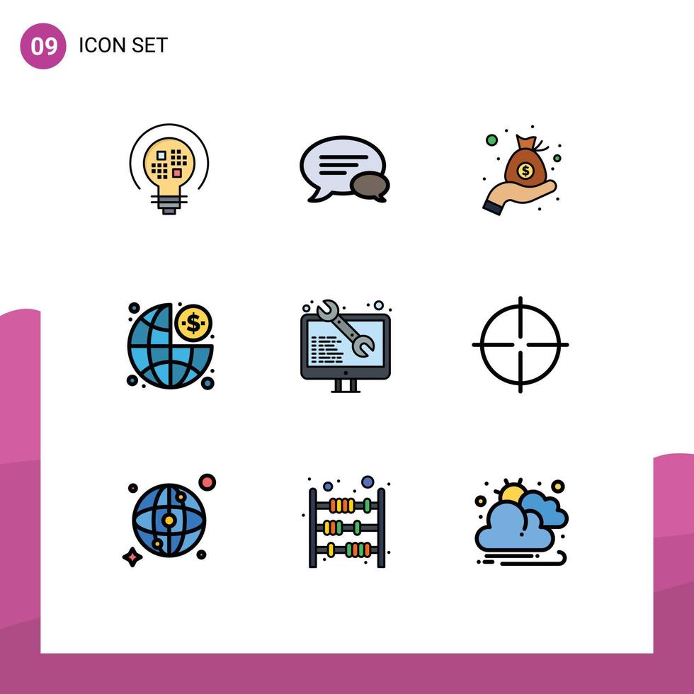 uppsättning av 9 vektor fylld linje platt färger på rutnät för programvara dollar kontanter förvaltning företag redigerbar vektor design element