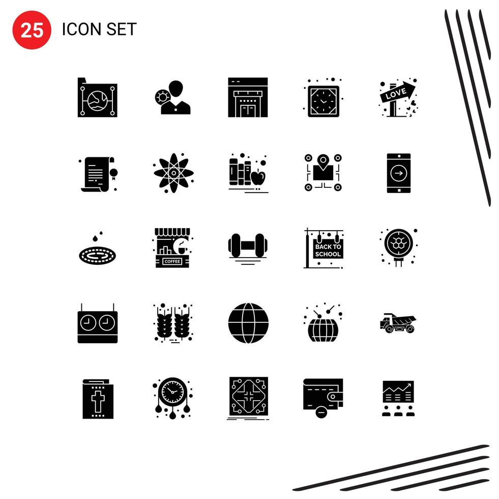 Universal- Symbol Symbole Gruppe von 25 modern solide Glyphen von Mauer Uhr Uhr Mensch Einkaufen online editierbar Vektor Design Elemente
