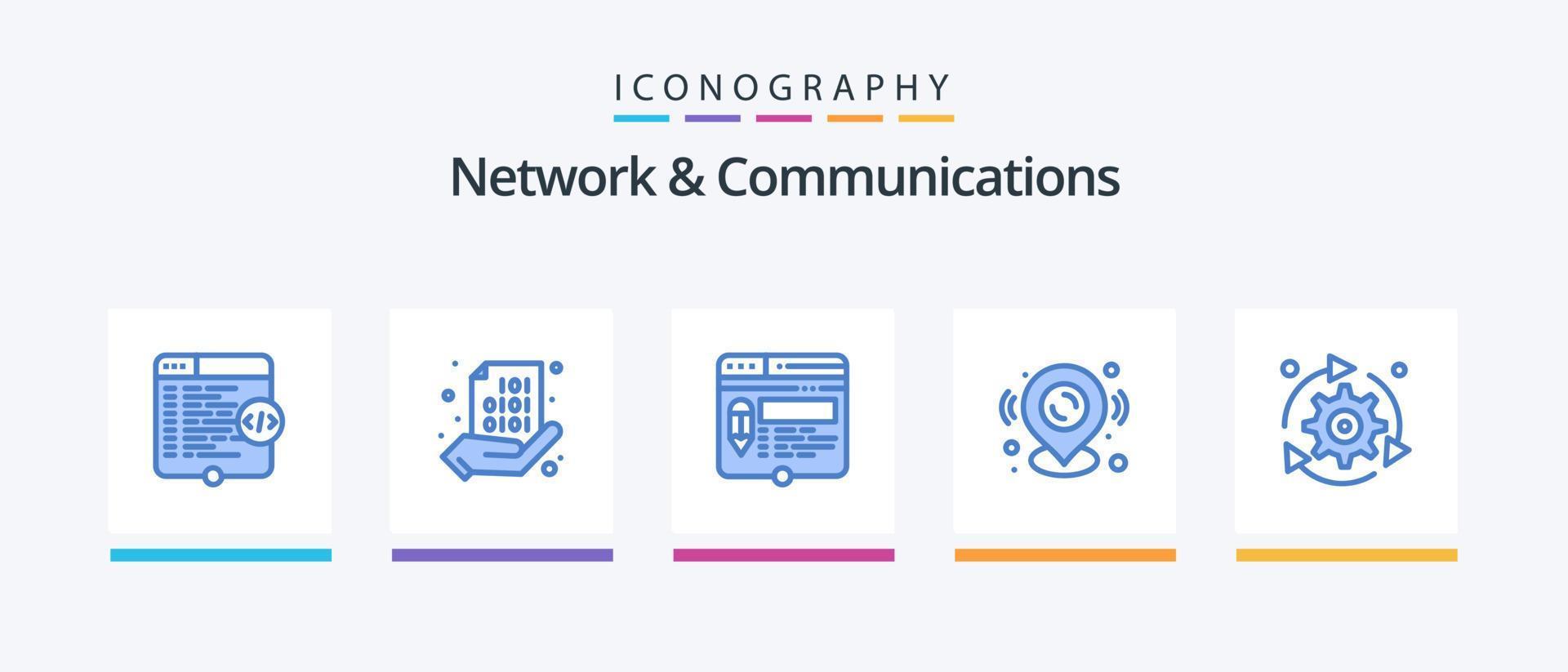 Netzwerk und Kommunikation Blau 5 Symbol Pack einschließlich Standort. Stift. Hand. Bleistift. Buchseite. kreativ Symbole Design vektor