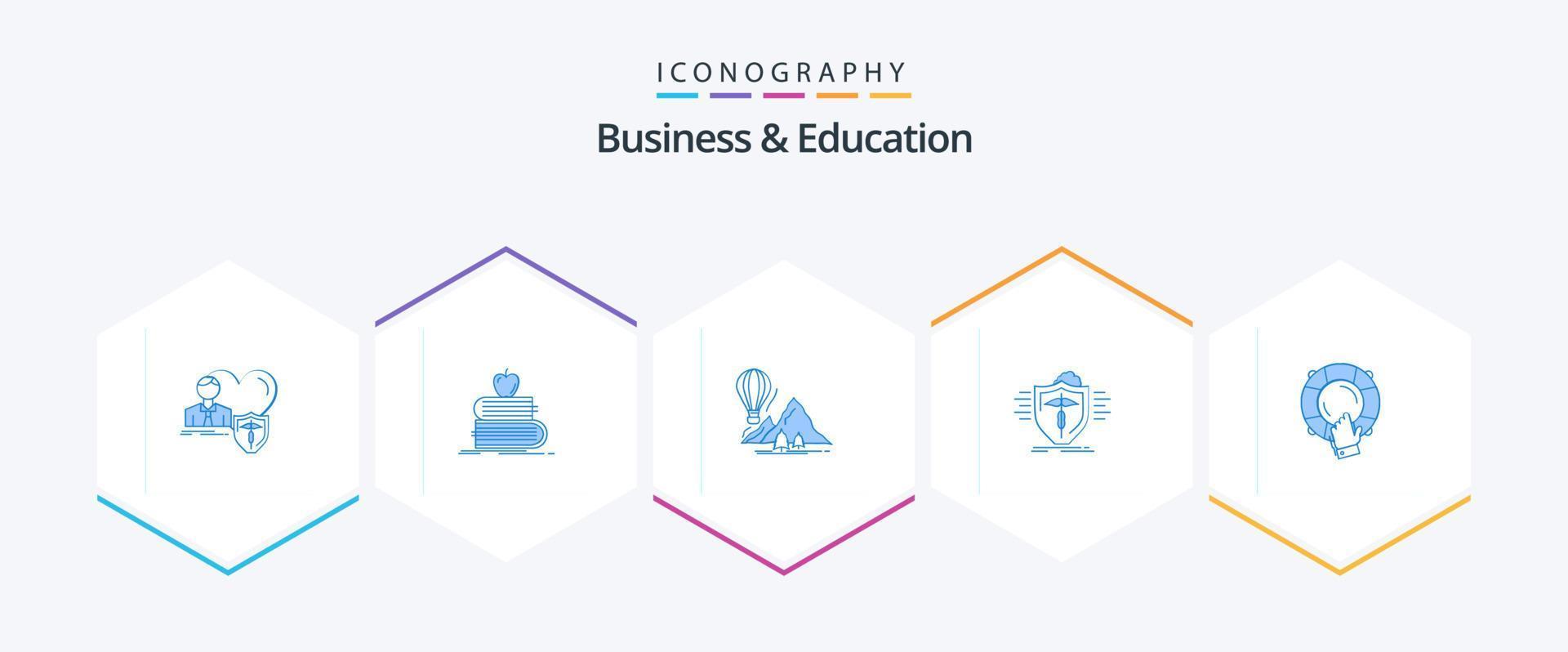 företag och utbildning 25 blå ikon packa Inklusive medicinsk. försäkring. böcker. ballonger. bergen vektor