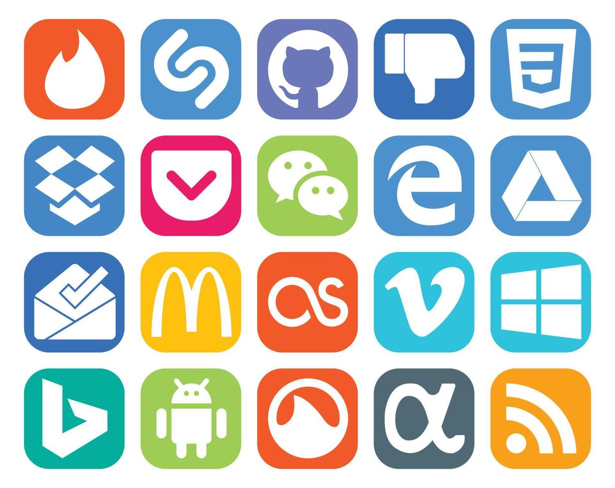 20 Sozial Medien Symbol Pack einschließlich bing Video Bote vimeo McDonalds vektor