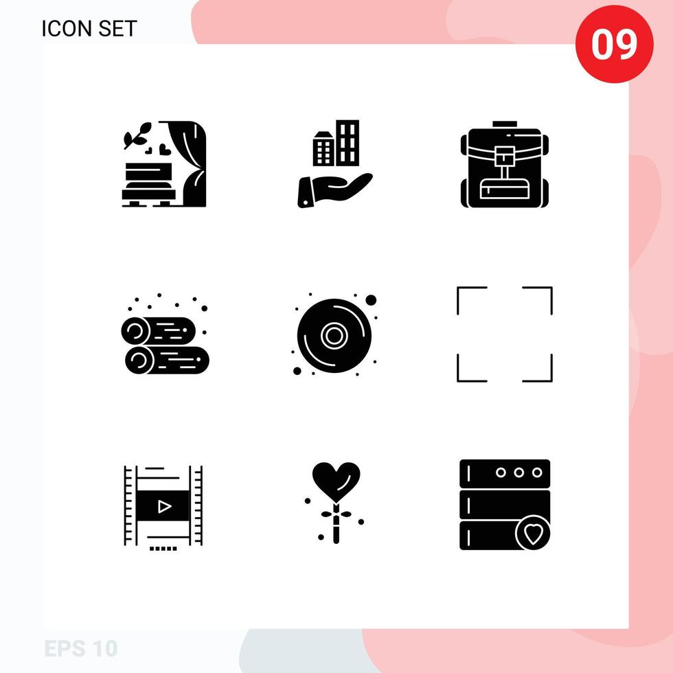 uppsättning av 9 modern ui ikoner symboler tecken för disk ved väska öppen spis stuga redigerbar vektor design element
