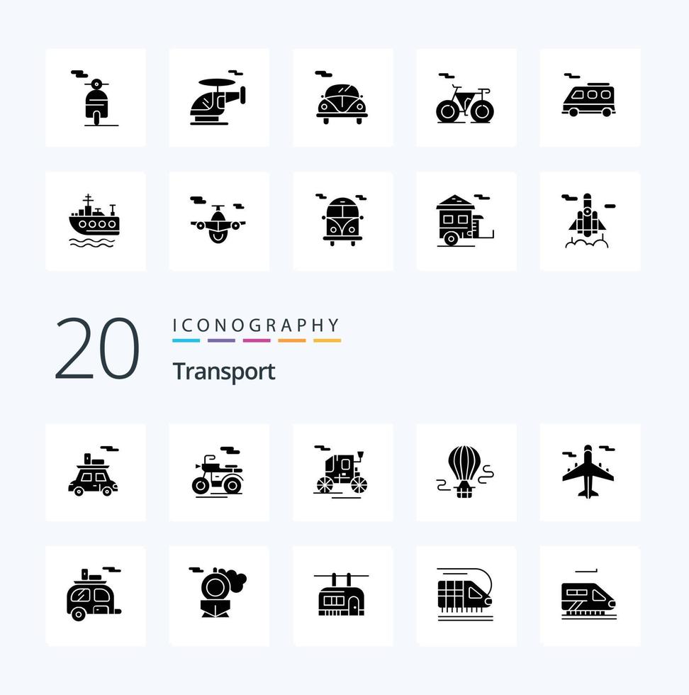 20 Transport solide Glyphe Symbol Pack mögen Automobil Transport alt Transport Hubschrauber heiß vektor