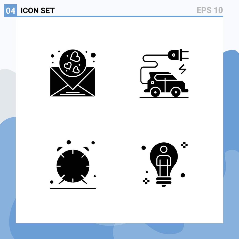 packa av 4 modern fast glyfer tecken och symboler för webb skriva ut media sådan som hjärta tid bröllop elektrisk fordon Glödlampa redigerbar vektor design element