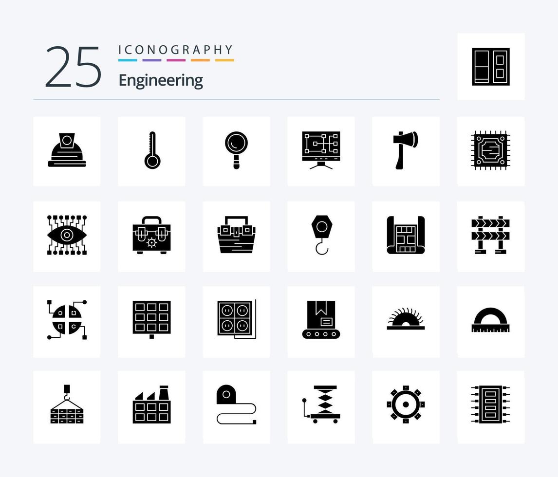 Ingenieurwesen 25 solide Glyphe Symbol Pack einschließlich Konstruktion. Axt Werkzeug. Gebäude. Axt. Axt vektor