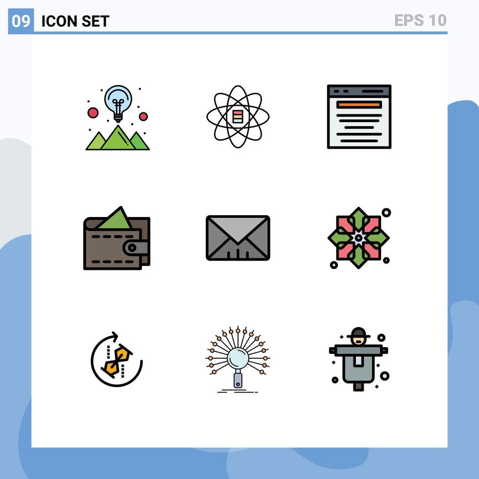 grupp av 9 fylld linje platt färger tecken och symboler för meddelande plånbok reklam pengar Sök redigerbar vektor design element